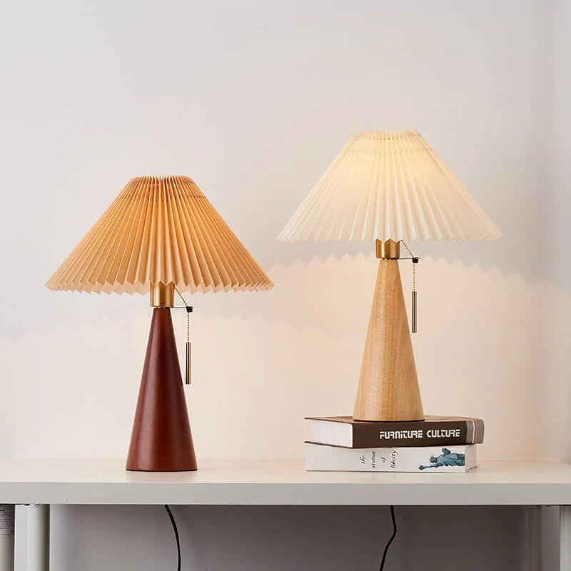 Japanese Wooden Table Lamp With Pleated Fabric Shade