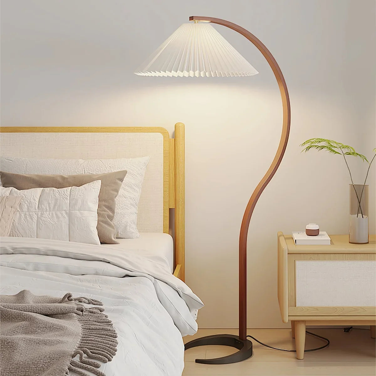 Curved Wood Floor Lamp With Pleated Shade