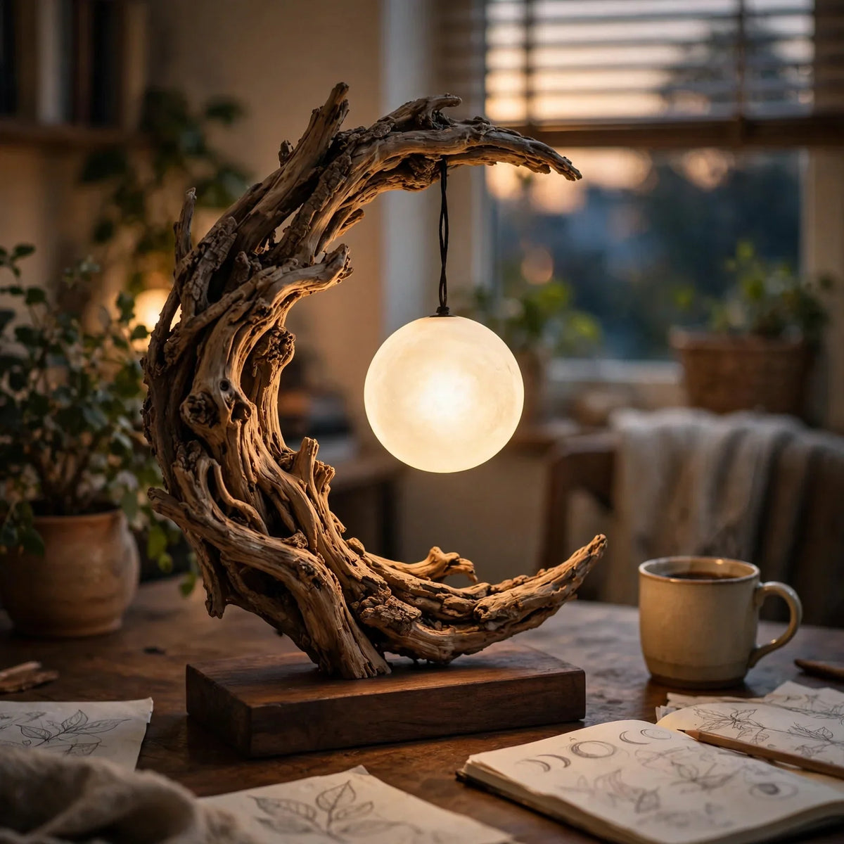 Crescent Moon Driftwood Table Lamp with Glass Globe