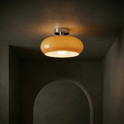 Vintage Amber Glass Ceiling Light With Brass Canopy