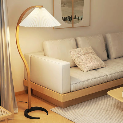 Curved Wood Floor Lamp With Pleated Shade