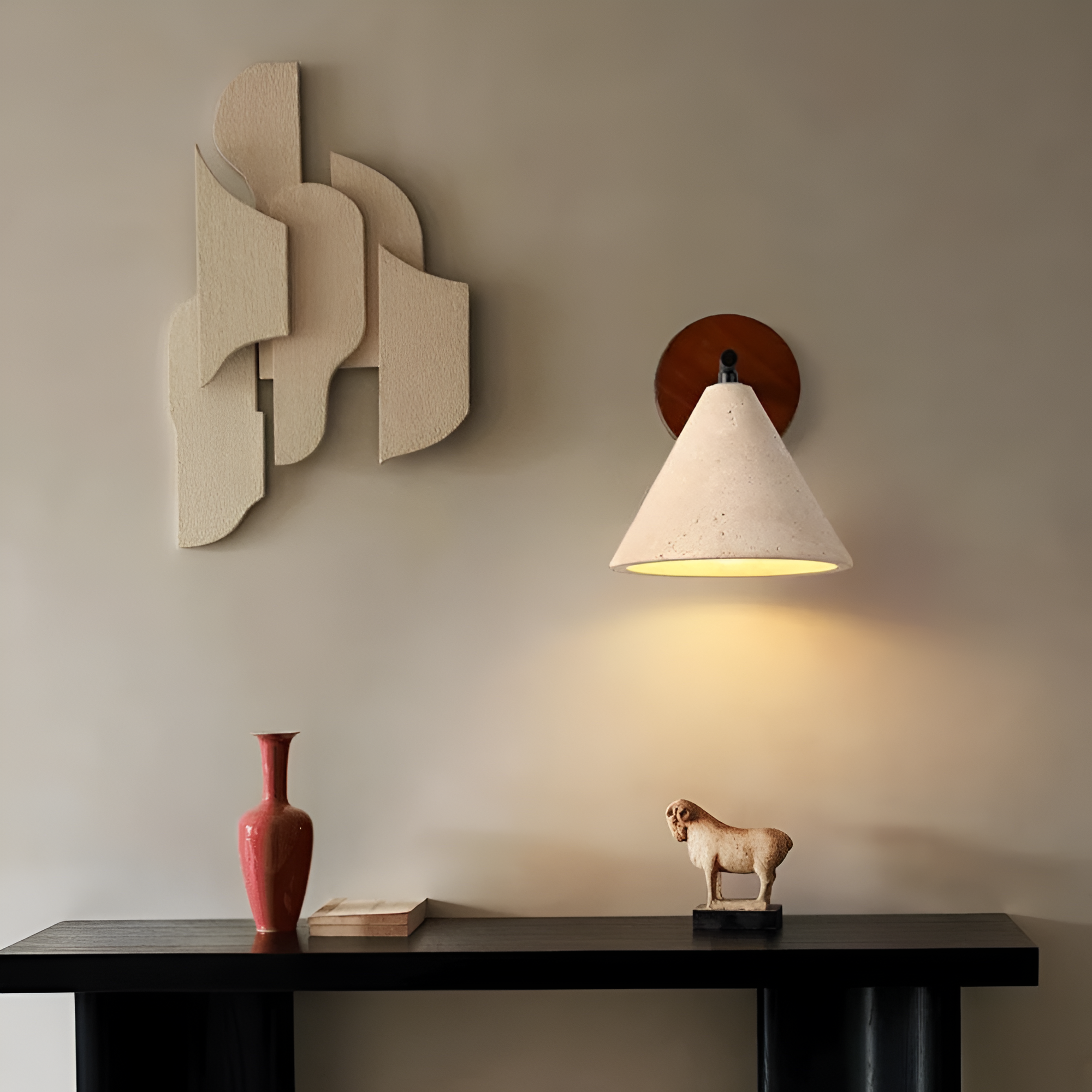 Yellow Travertine Cone Wall Light With Wood Base