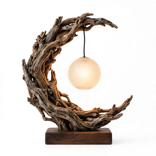 Crescent Moon Driftwood Table Lamp with Glass Globe