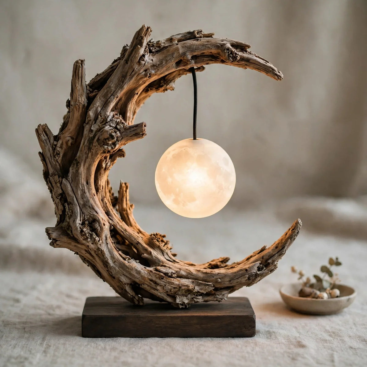 Crescent Moon Driftwood Table Lamp with Glass Globe