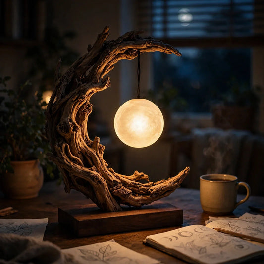 Crescent Moon Driftwood Table Lamp with Glass Globe